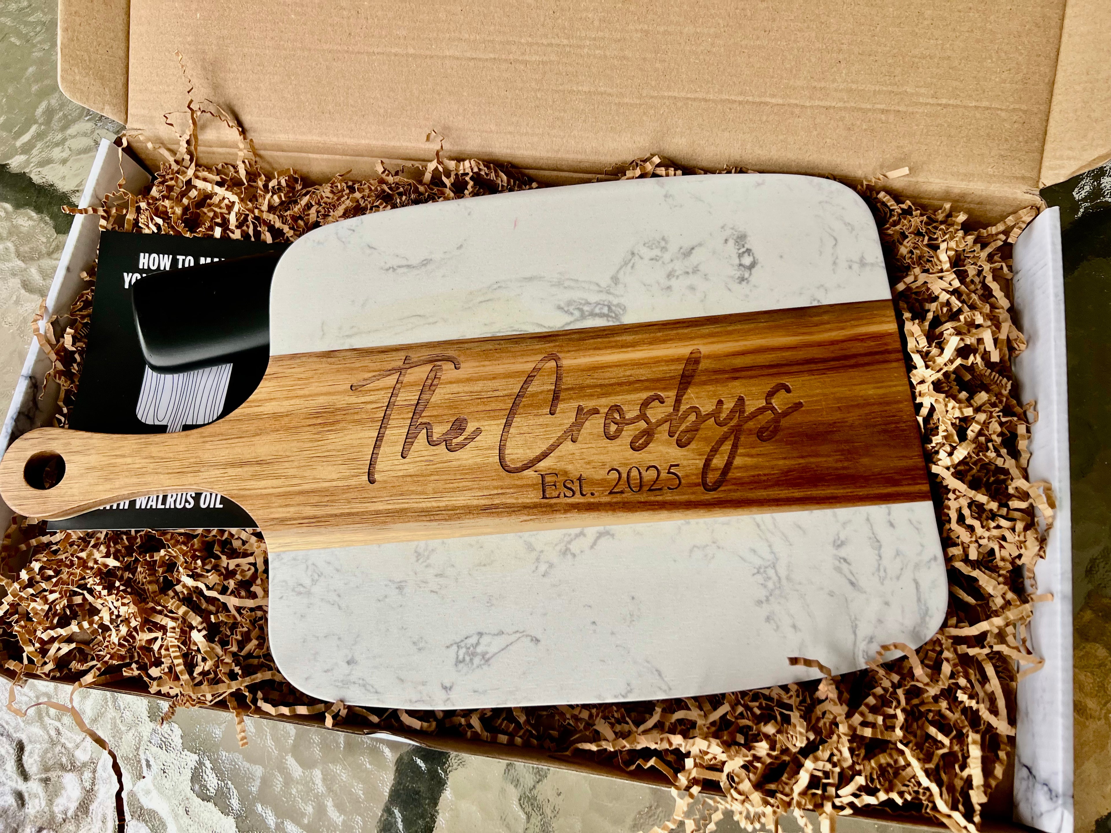Personalized Engraved Marble & Acacia Charcuterie Board with Utensils